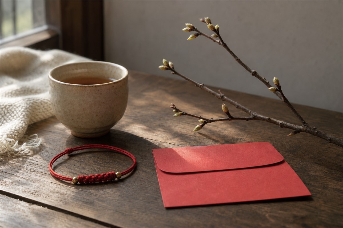 Red cord bracelet beside a blank red envelope, ceramic cup, and early-spring branch with buds