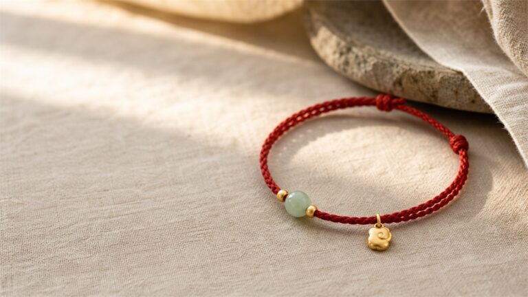 Red cord bracelet with a pale jade bead and small gold-tone details on warm linen