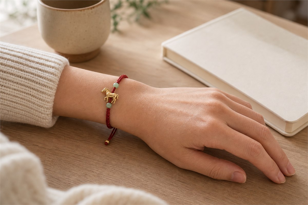 Adult wearing a red cord bracelet with a gold Horse charm and pale jade beads at a quiet desk