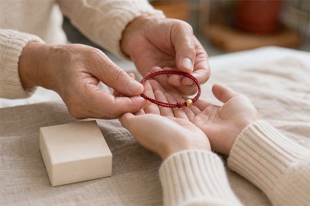 One person fastening a simple red cord bracelet with a small gold bead on another person’s wrist