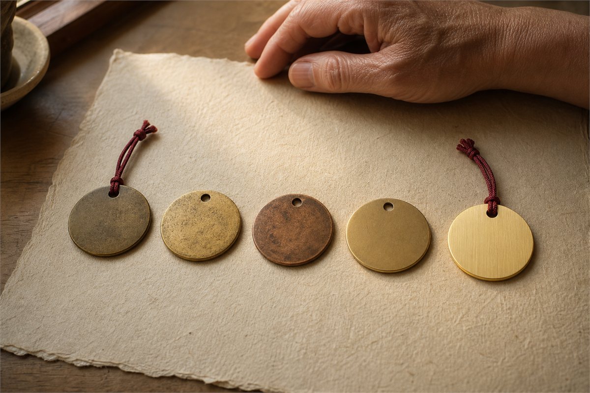 Five matching round charms with progressively aged surfaces arranged along a life timeline, with red cords at both ends