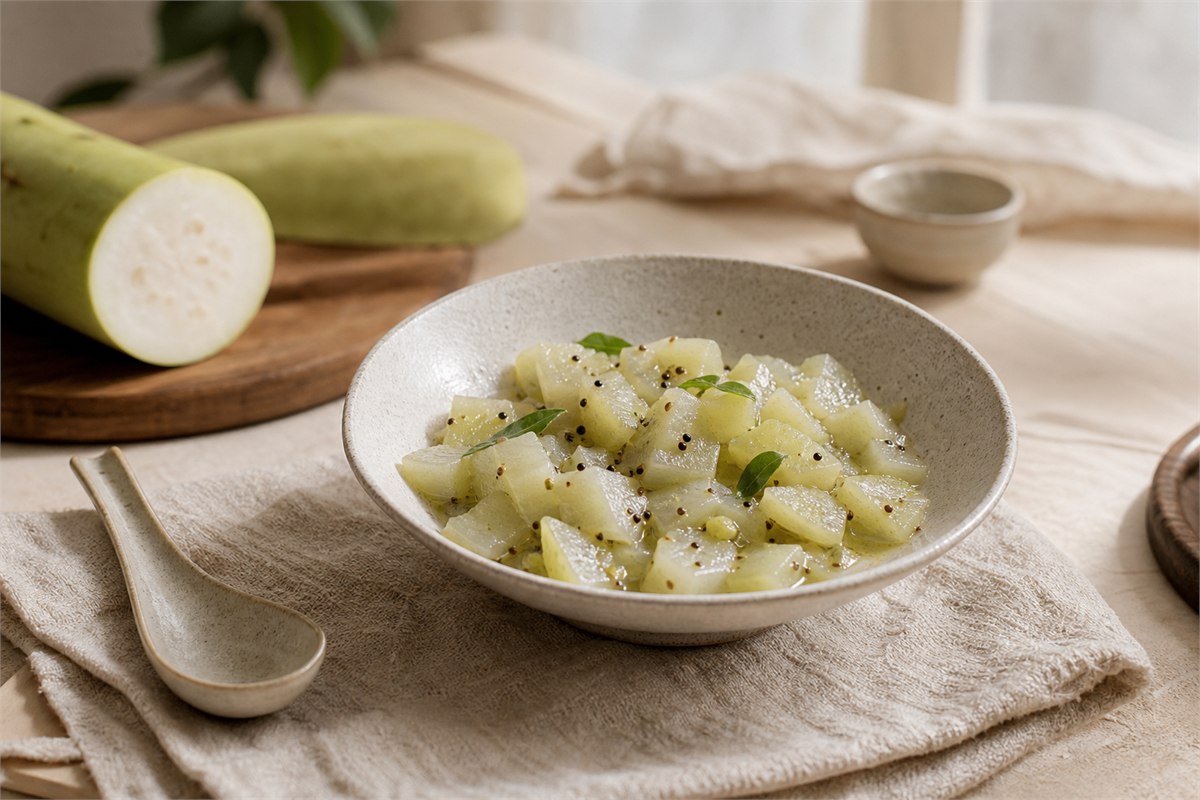 Cooked bottle gourd dish set aside with an untouched spoon on a neutral kitchen table