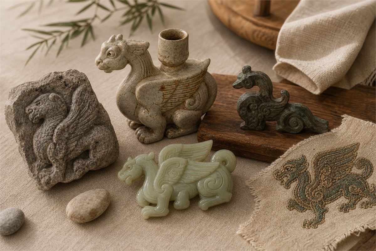 Stone, ceramic, bronze, jade, and textile winged guardian-beast forms arranged for study