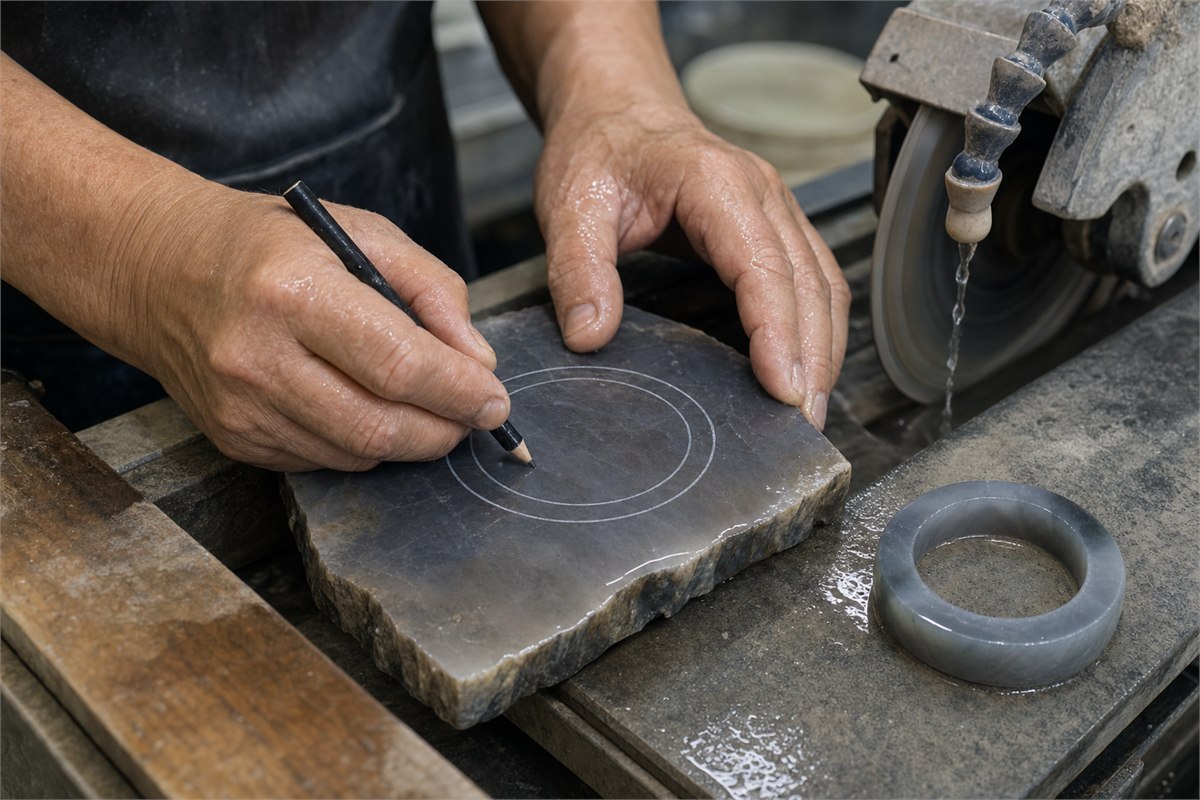 Lapidary marking a dark chalcedony slab and cutting a circular bangle blank