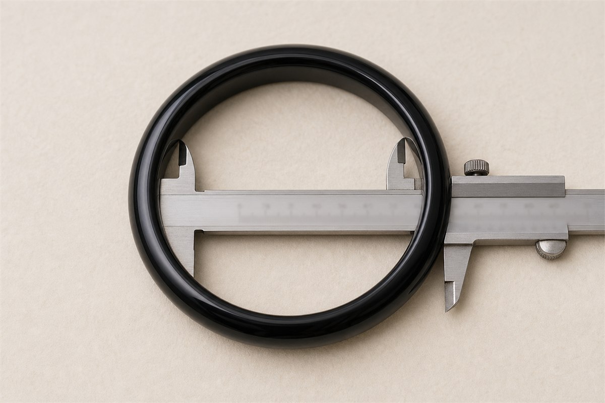 Black agate bangle measured across its inner diameter with a metric caliper
