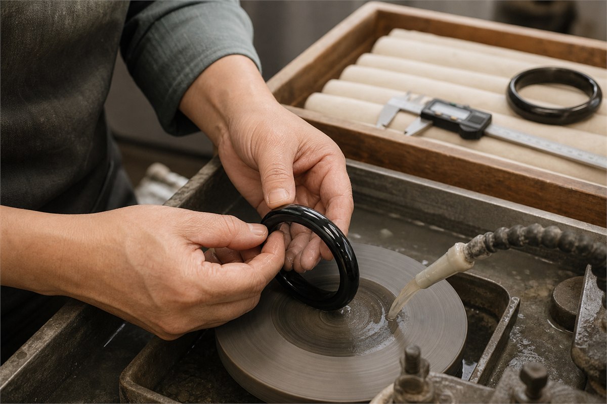 Lapidary polishing a black agate bangle and checking its roundness under neutral light