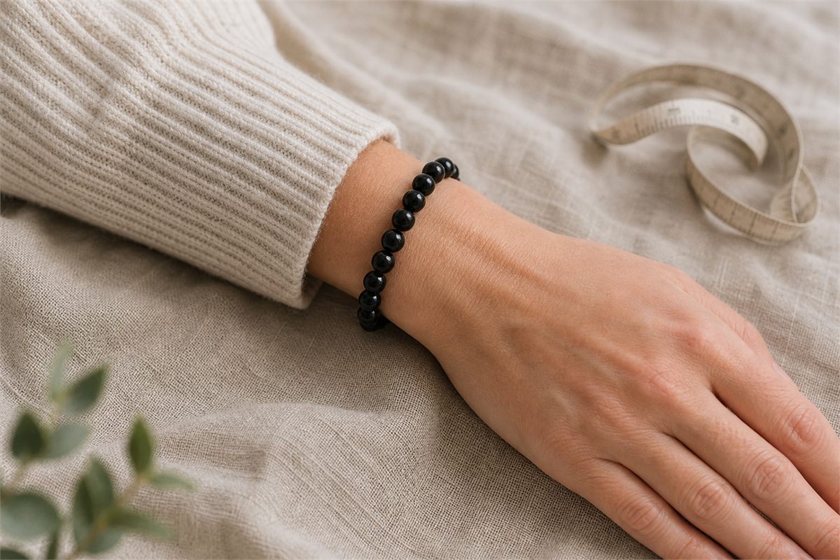 Black agate bead bracelet fitted comfortably on a wrist beside a soft measuring tape