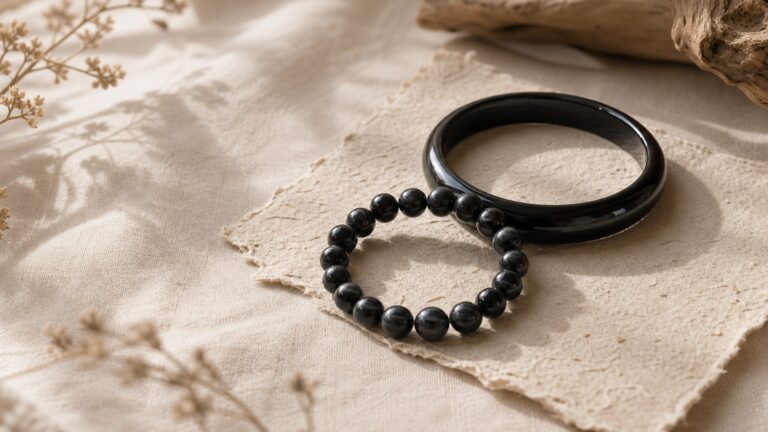 Polished black agate bangle and bead bracelet on warm ivory linen in soft window light