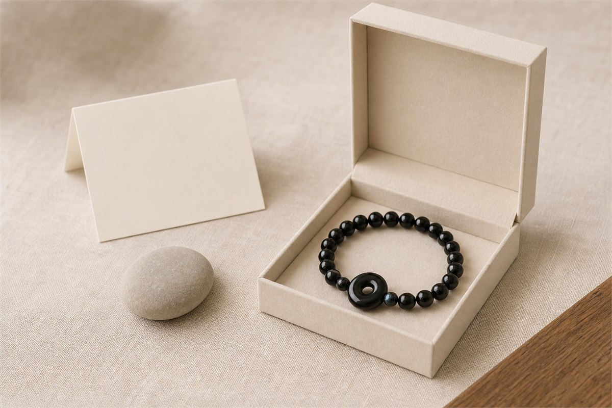 Black agate bead bracelet with a circular focal stone in a neutral gift box beside a blank folded note