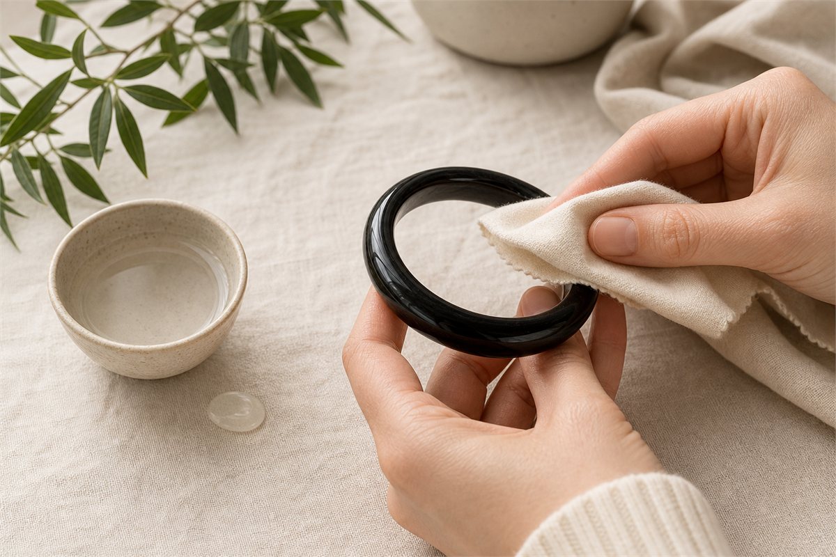 Plain black agate bangle cleaned briefly with a soft cloth beside mild soap and lukewarm water