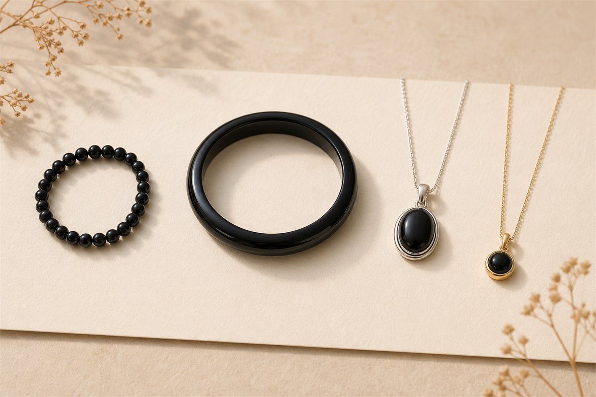 Simple black agate beads, a larger polished bangle, silver setting, and gold-mounted black stone jewelry