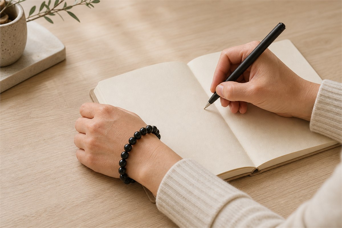Black agate bracelet worn on the non-dominant wrist while writing at a desk