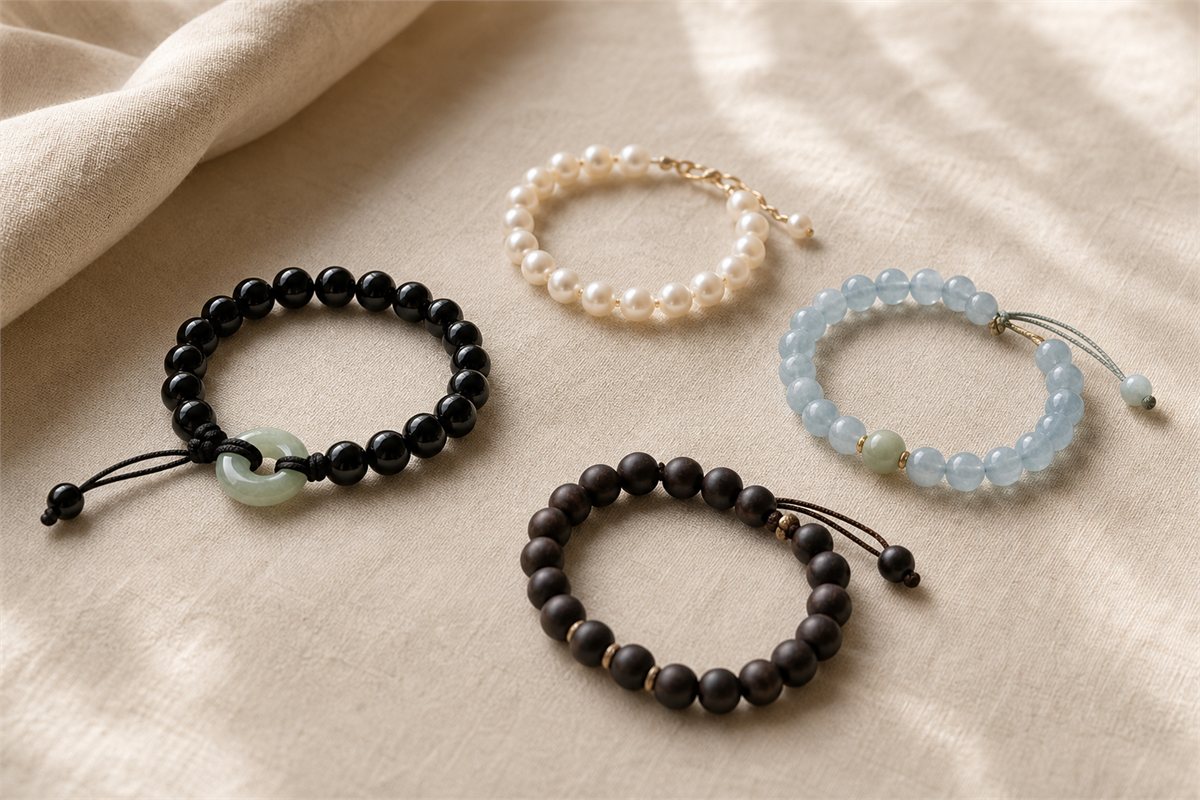 Black agate beads paired with white pearls, pale blue stone, and dark wood bracelets with soft spacers