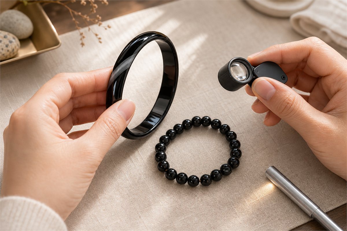 Black agate bangle and bead bracelet inspected for polish, cracks, drill holes, and matching