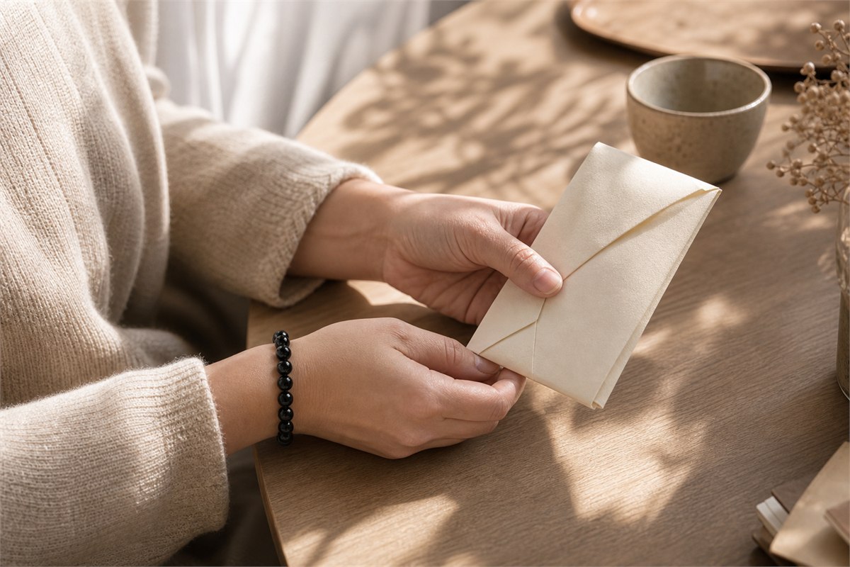 Person wearing a simple black agate bracelet while holding a folded letter in a quiet interior