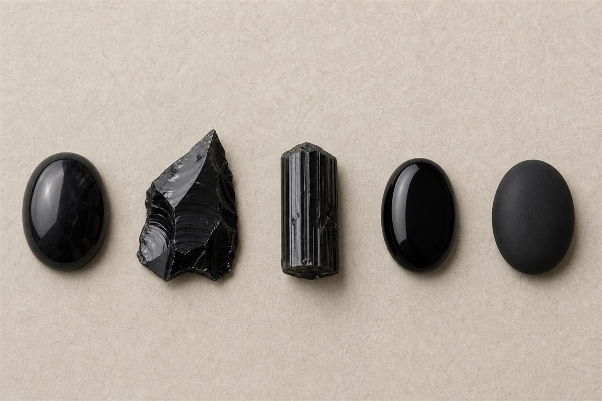 Black agate, obsidian, black tourmaline, glass, and resin samples arranged under the same neutral light