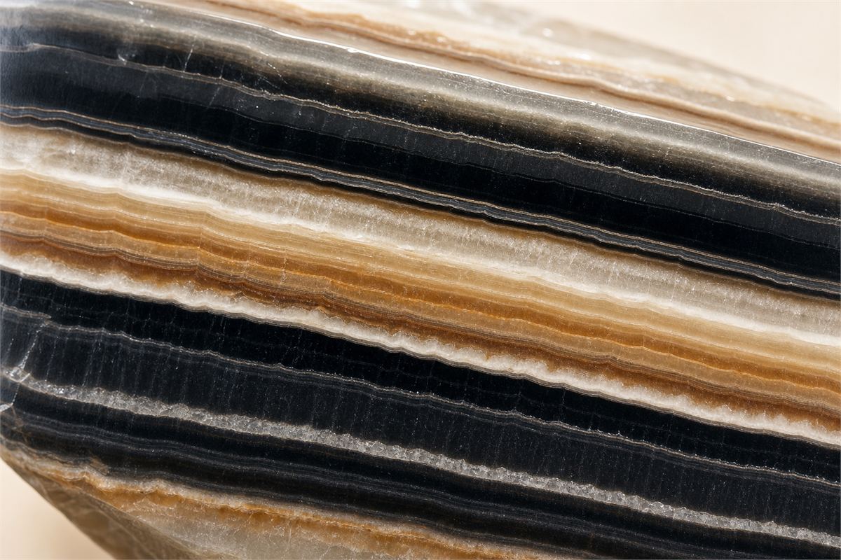 Macro view of polished black and cream onyx with straight nearly parallel bands