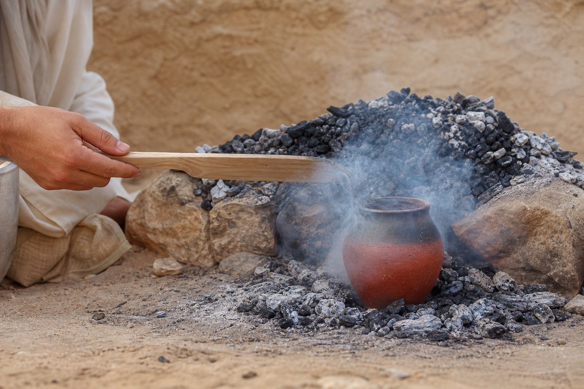 Experimental open firing of a red clay vessel with a localized smoky zone near the rim
