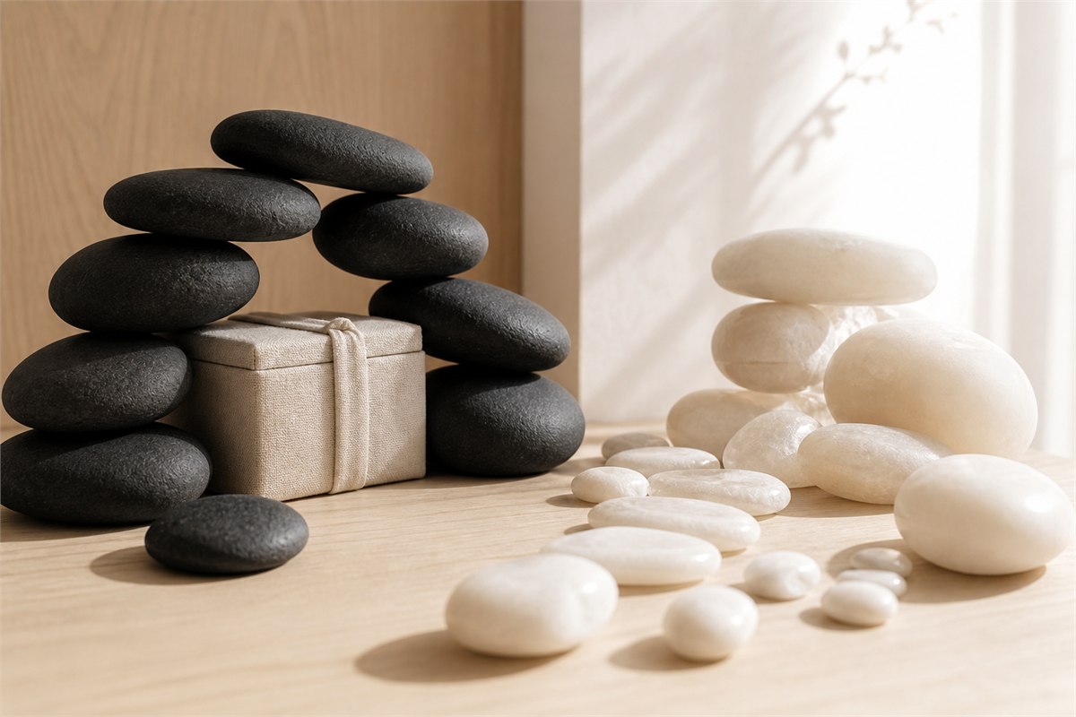 Black river stones sheltering a linen gift box beside white stones opening toward window light