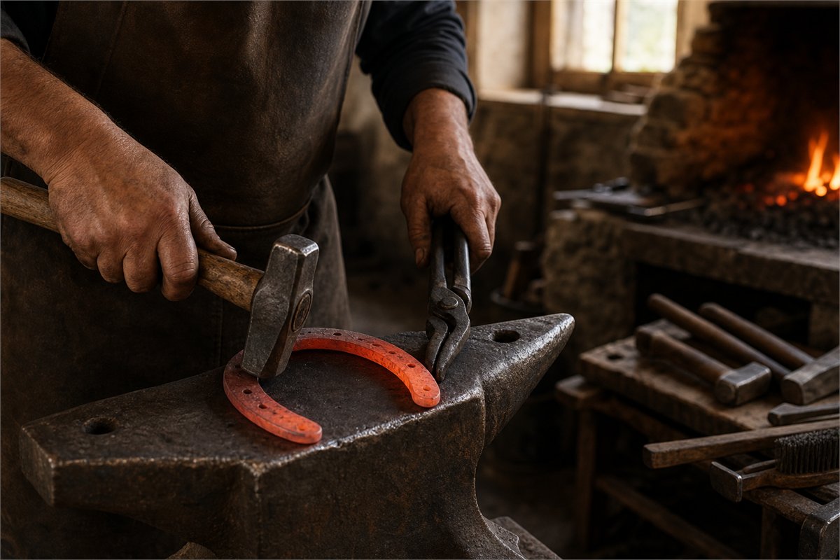 Blacksmith shaping a heated iron horseshoe on an anvil with hammer and tongs