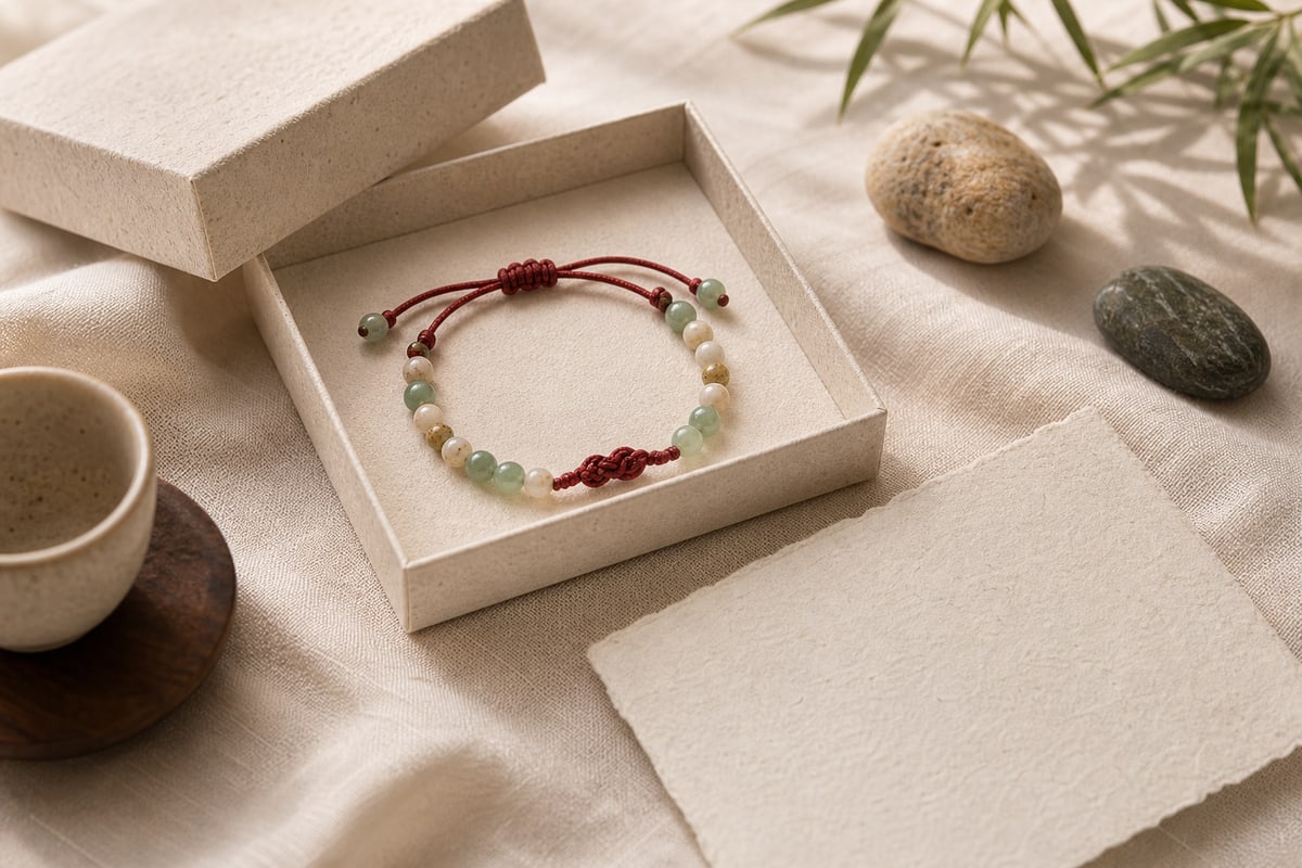 Muted jade-green bead bracelet beside an oatmeal gift box and blank handmade card