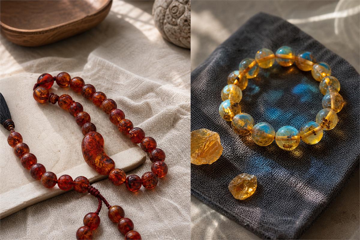Red-brown amber beads beside warm-bodied amber showing a blue surface effect.