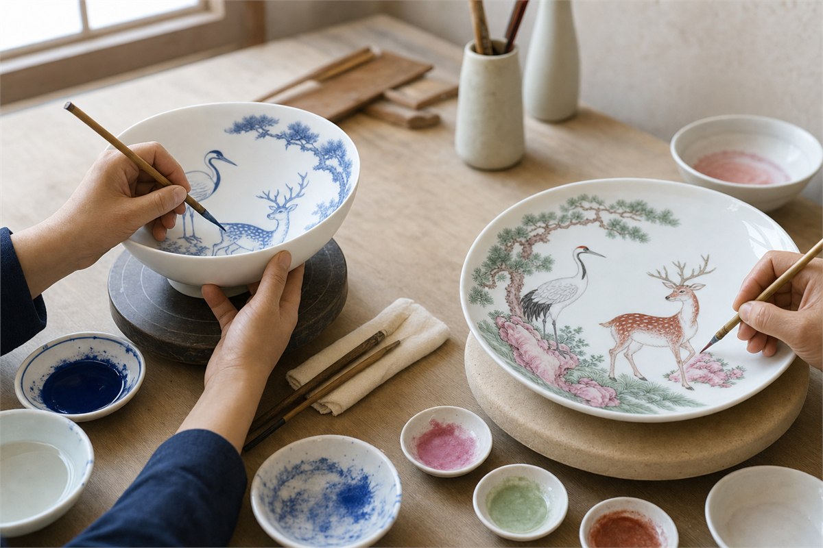 Artisan hands painting cobalt inside a porcelain bowl and colored enamels on a separate glazed plate