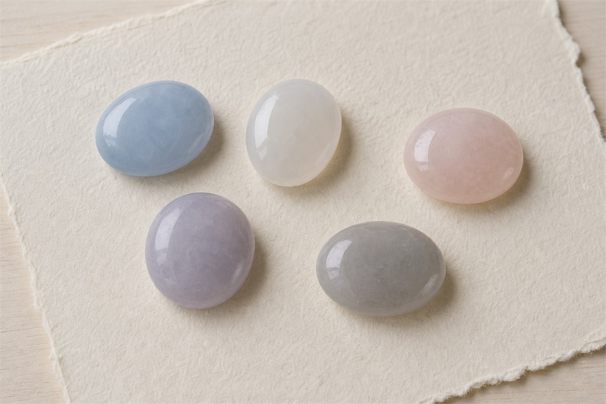 Five polished chalcedony stones in blue, white, pink, lavender, and gray