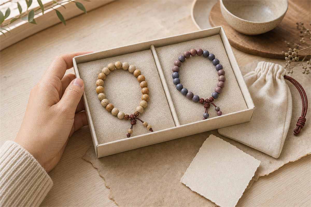 Gift box with a naturally patinated Bodhi bracelet and a muted plant-dyed bracelet