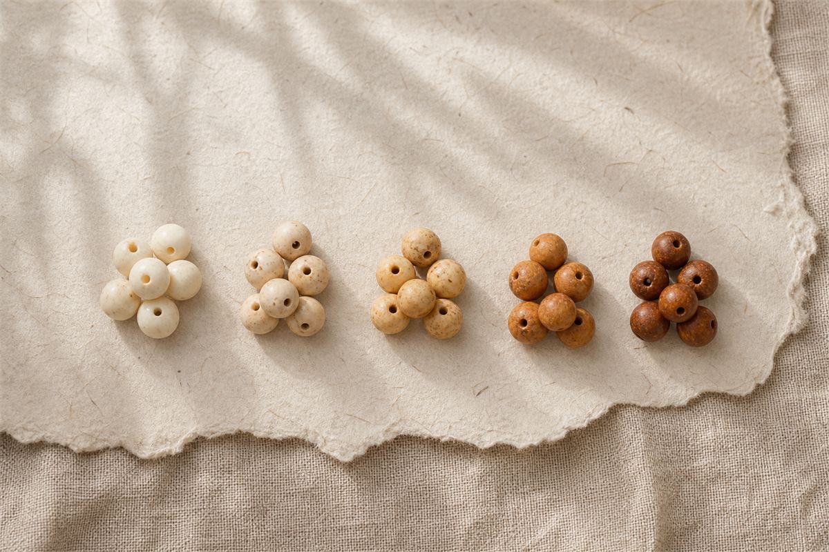 Five groups of Bodhi root beads progressing from ivory to dark amber brown