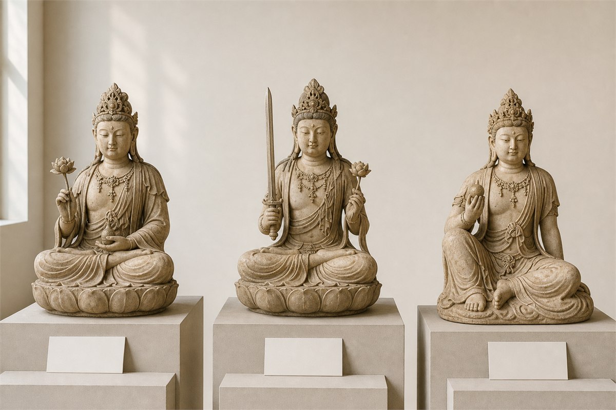 Three separate bodhisattva study figures with jewel, lotus, sword, and varied seated postures