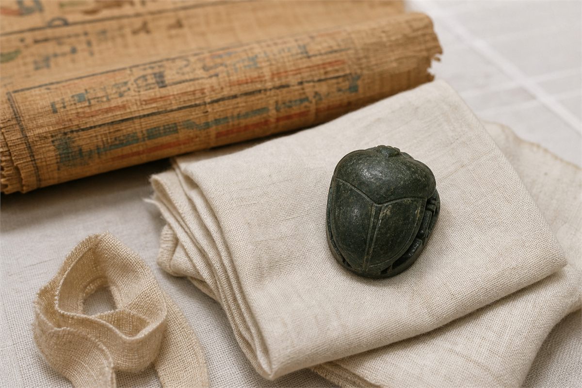 Dark green heart scarab on folded linen with a blurred rolled papyrus behind it