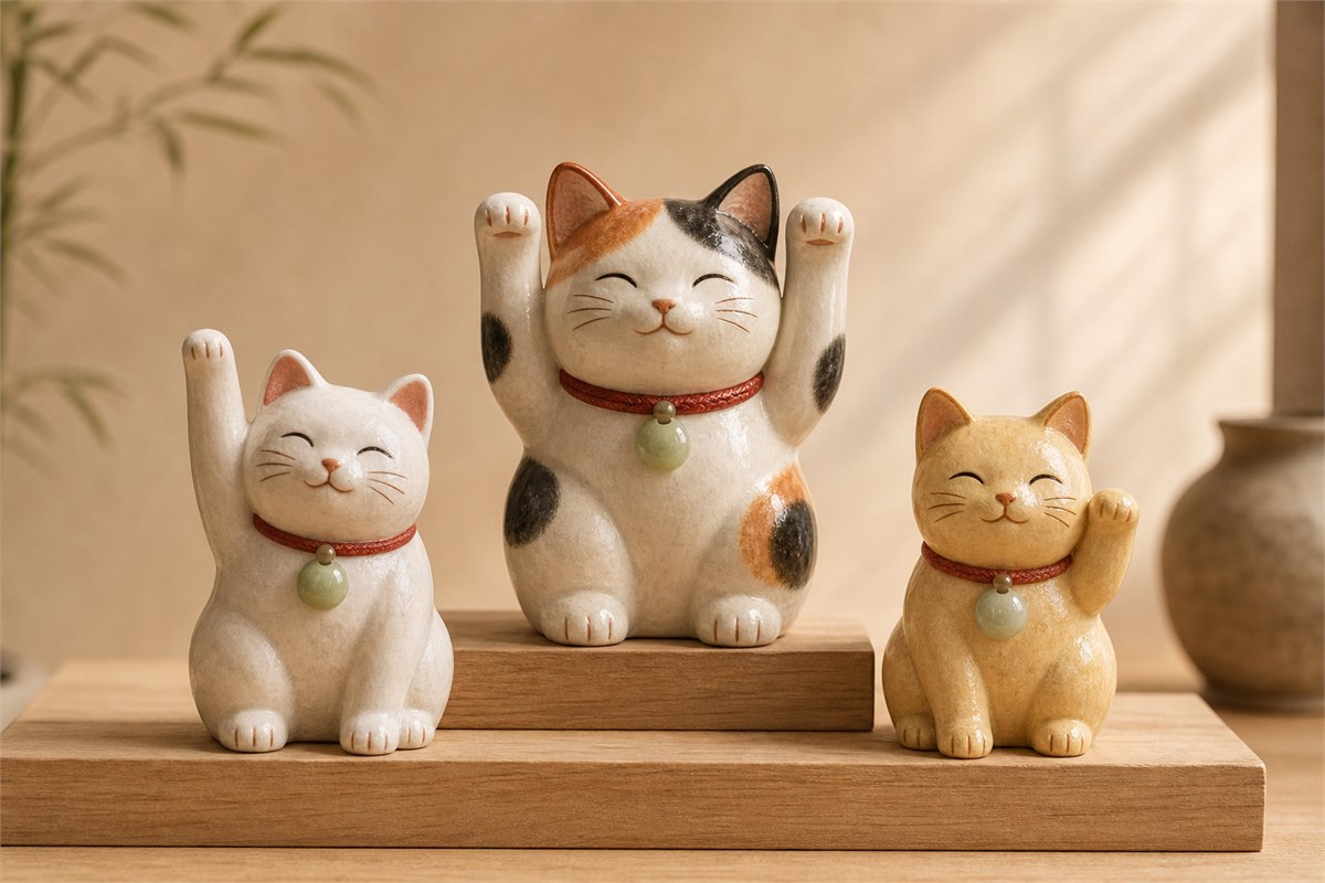 A both-paws-raised calico lucky cat beside two smaller cats with high and low single raised paws