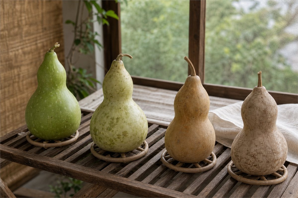 Mature bottle gourds spaced apart on slatted racks in a dry, ventilated curing area