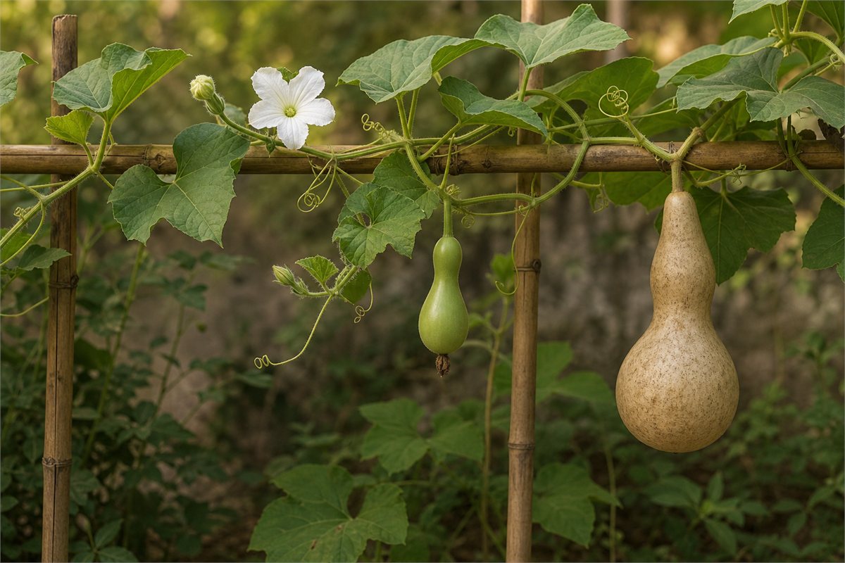 Bottle gourd vine with white flowers, young green fruit, and a mature tan hard-shell gourd