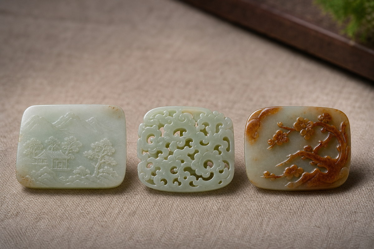 Relief jade carving (浮雕玉雕) samples showing thin relief, openwork, and clever-color jade forms
