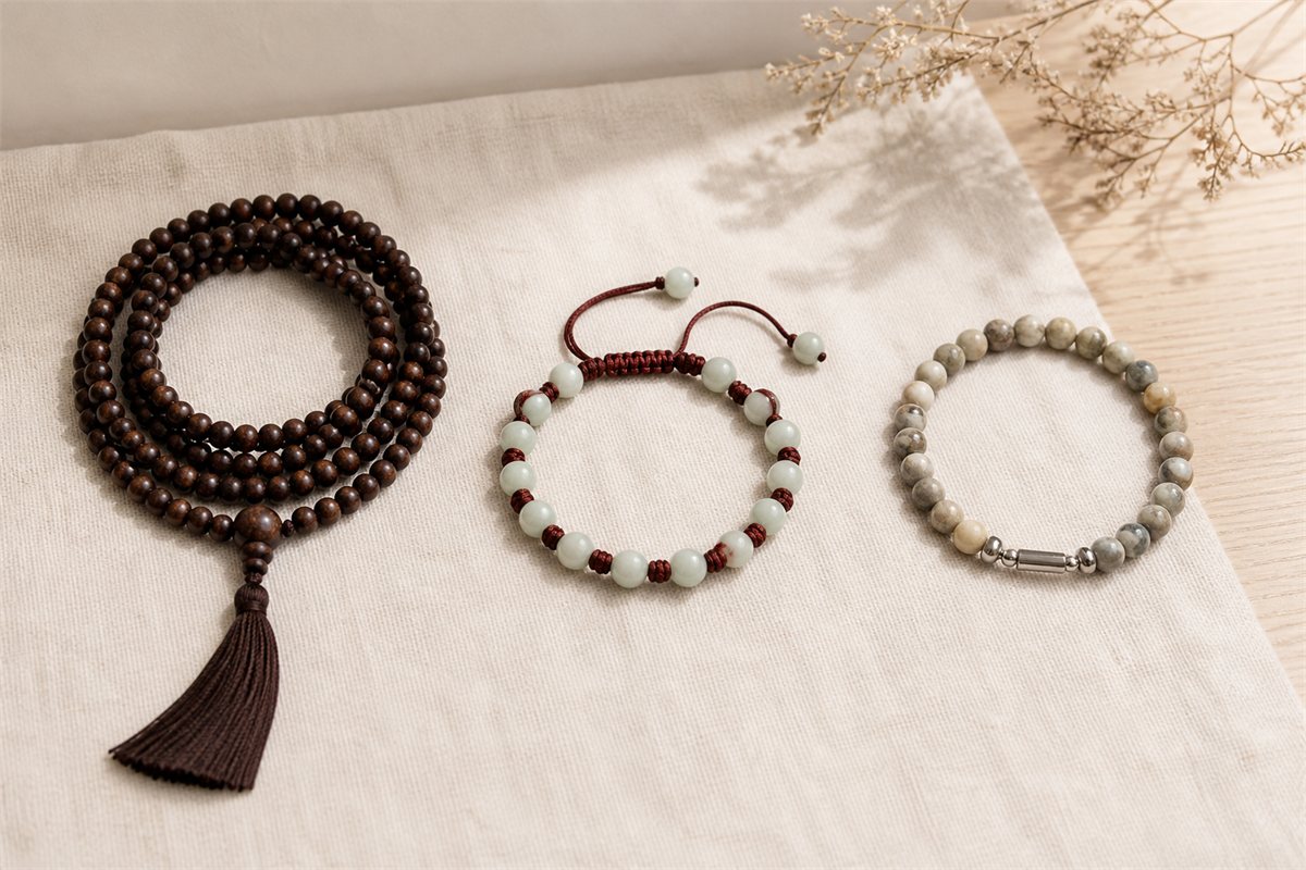 Buddhist prayer beads, a symbolic green-bead bracelet, and a modern fashion bracelet displayed separately