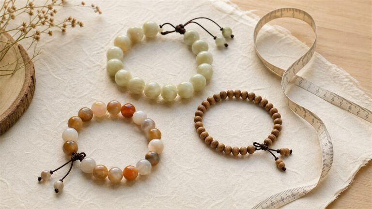 Three beaded bracelets beside a flexible measuring tape on warm ivory linen