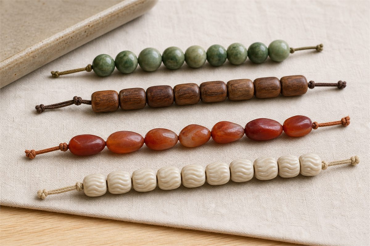 Four bead strands showing round, barrel, irregular pebble, and shallow carved bead shapes