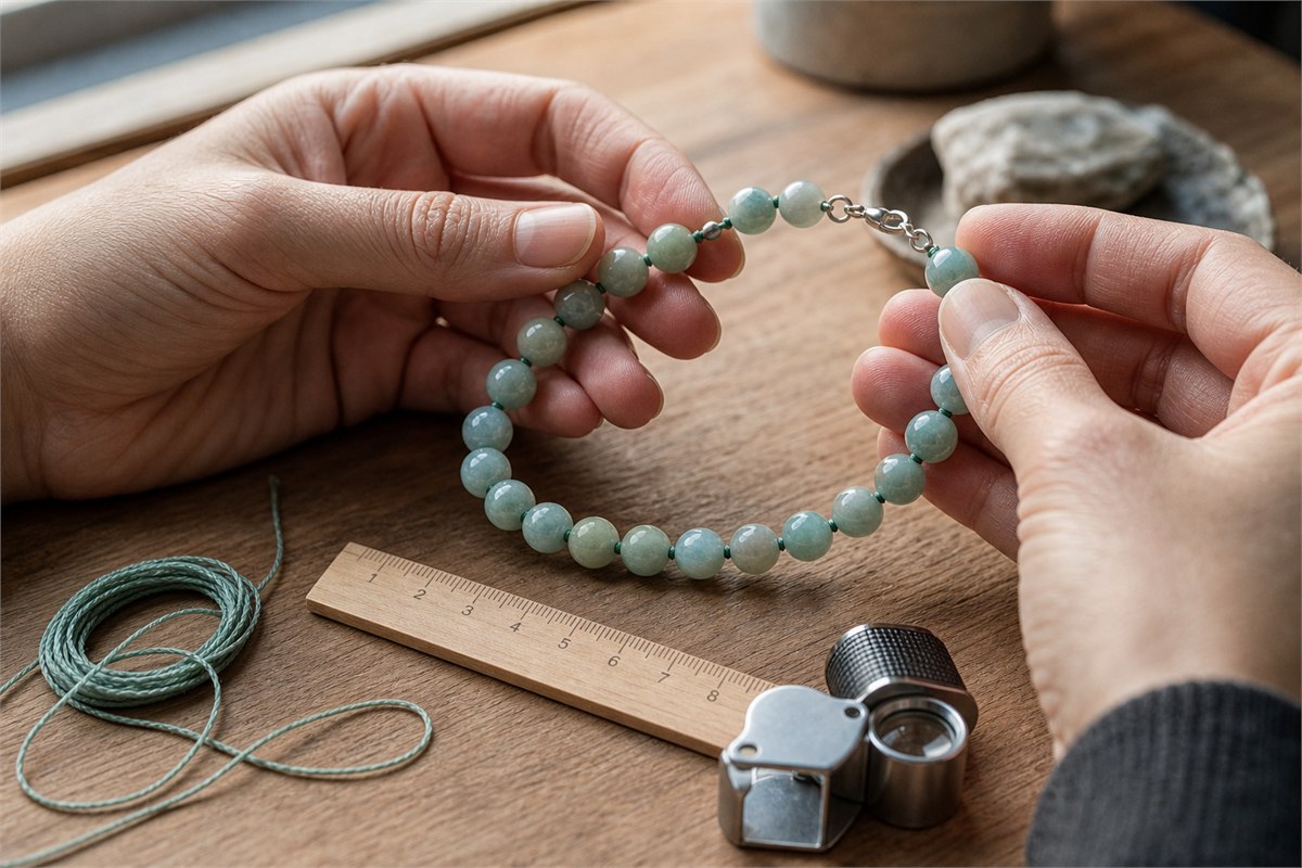 Hands inspecting green bracelet beads, cord, clasp, drill holes, and size beside a small ruler