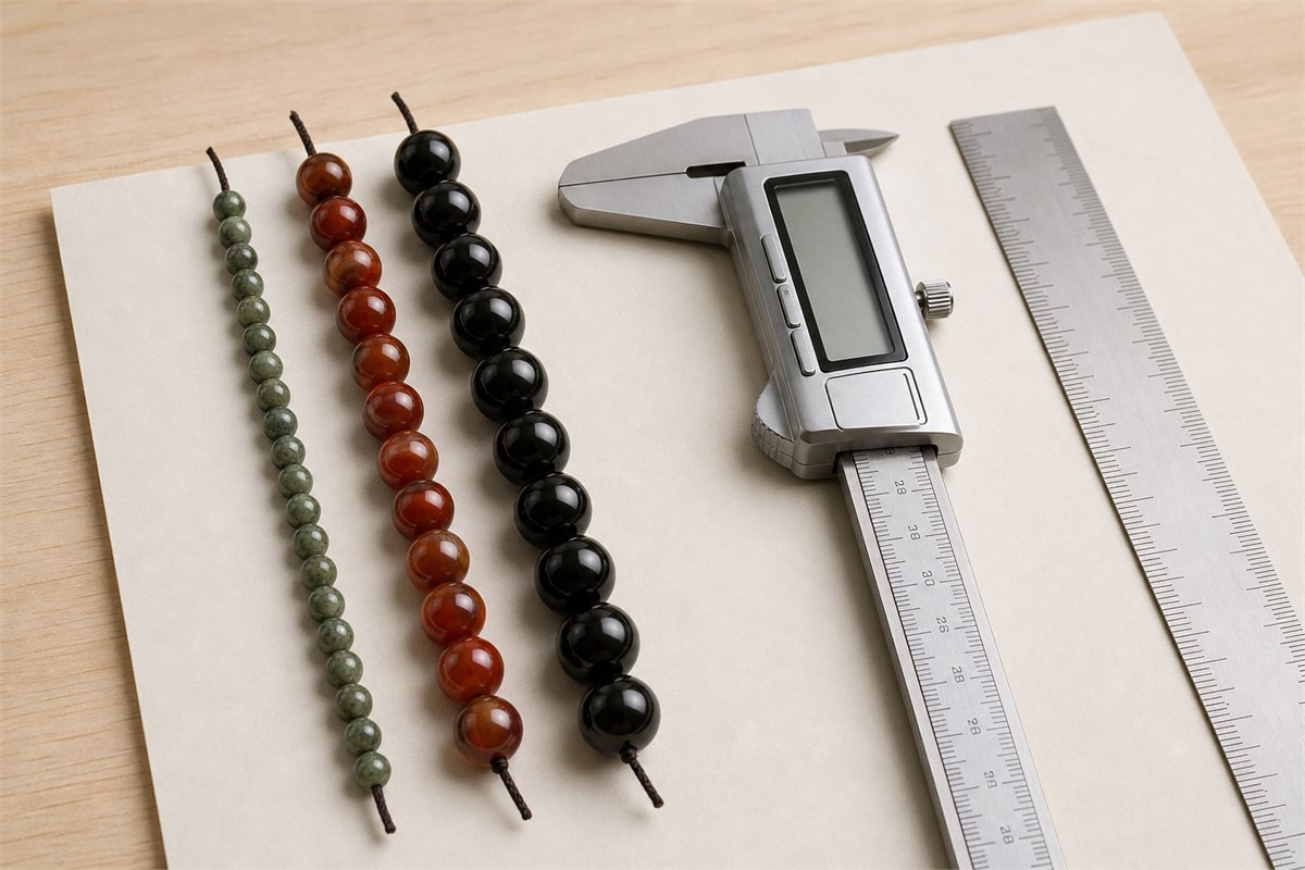 Three bead strands in approximately 6, 10, and 14 millimeter sizes beside a caliper and ruler