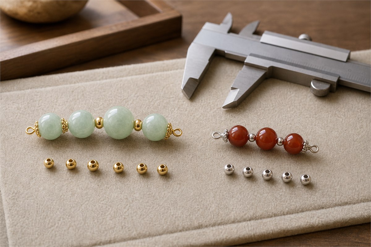 Two bead groups comparing large jade beads with smaller gold spacers and smaller red beads with tiny silver spacers