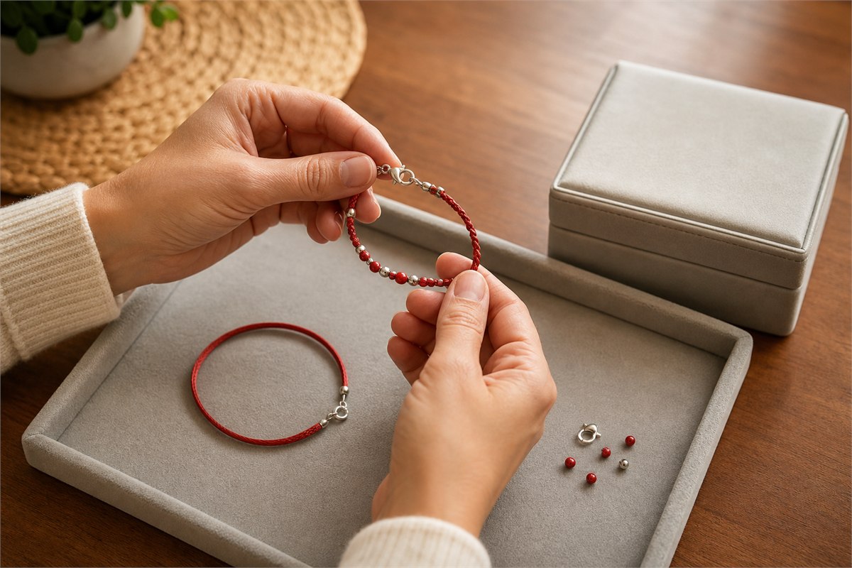 Adult hands checking a red cord bracelet and small components beside a closed storage box