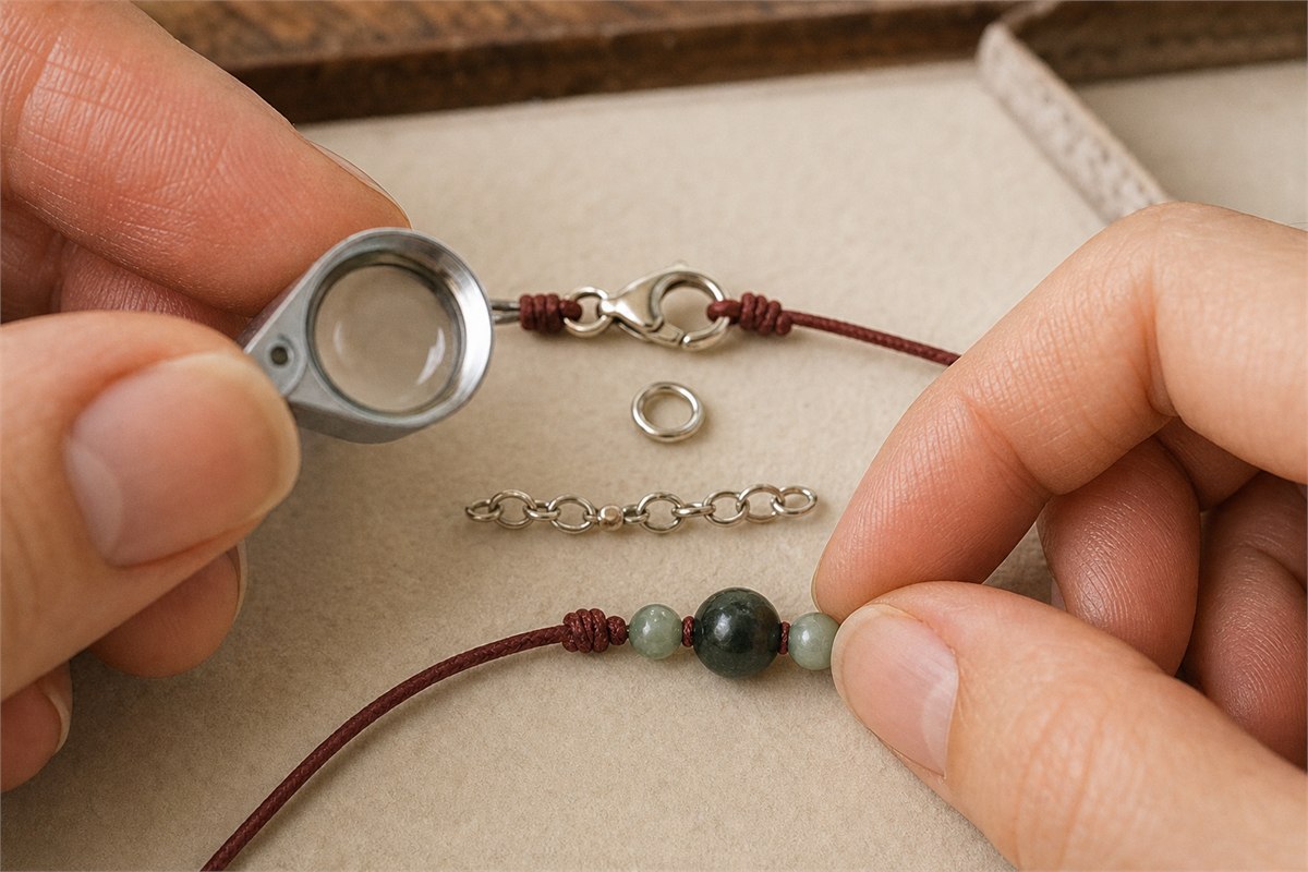 Hands inspecting bracelet clasps, jump rings, chain links and a threaded stone bead with a loupe