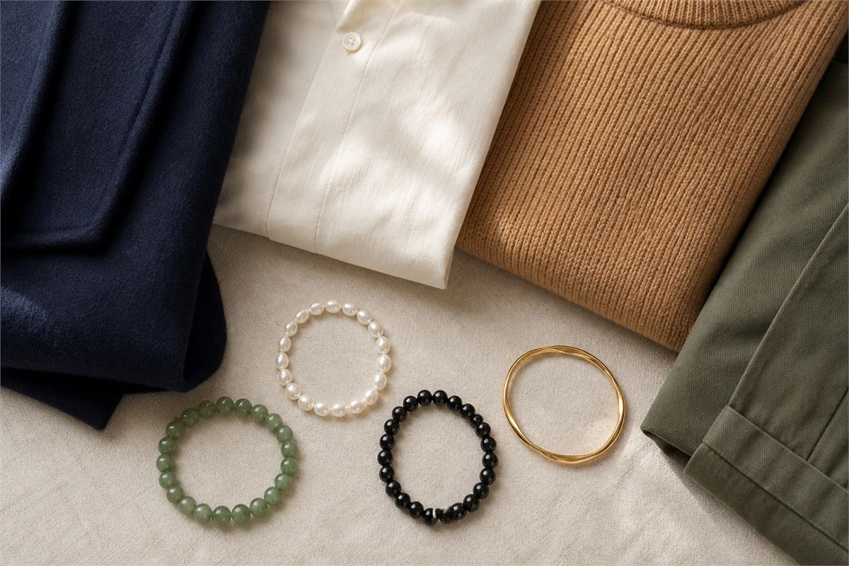 Pearl, jade green, black bead, and gold bracelets beside navy cream camel and olive clothing