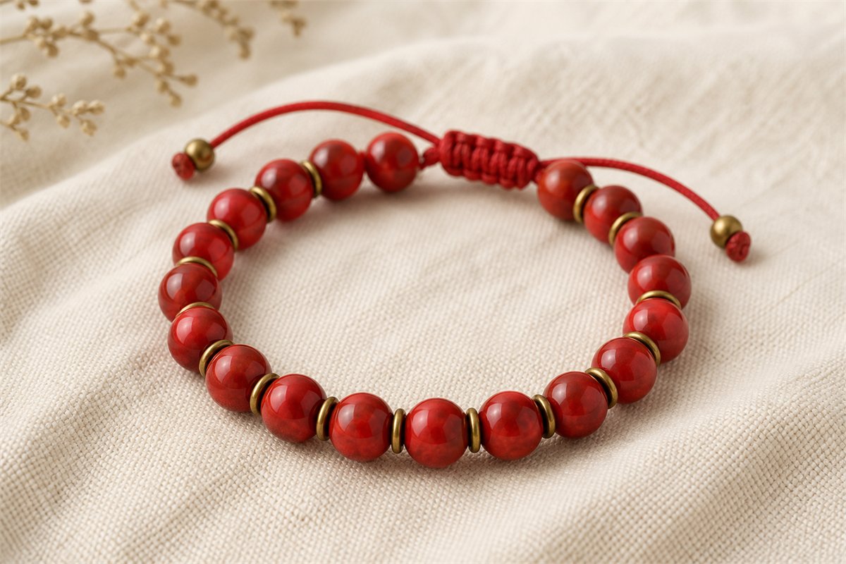 Red bead bracelet with secure woven cord knot, smooth beads, and small brass spacers