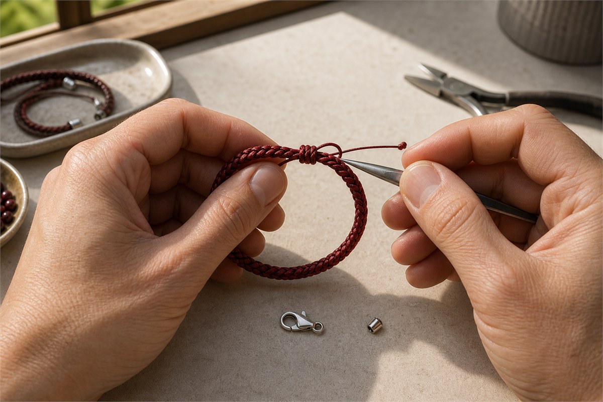 Adult hands assembling a braided red cord bracelet with sliding knot, crimp, and clasp