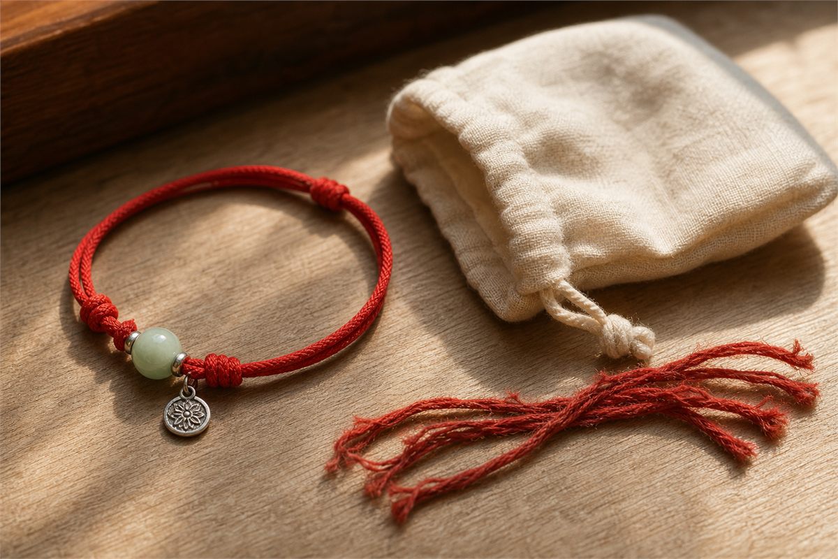 Repaired red cord bracelet, separated worn cord, reusable charm, and soft storage pouch
