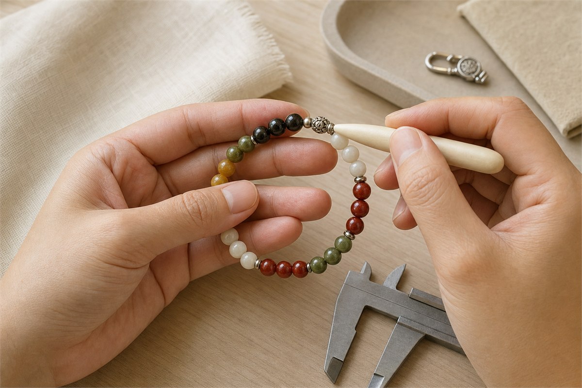 Artisan hands checking bead alignment, string tension, and knot cover on a five-color bracelet