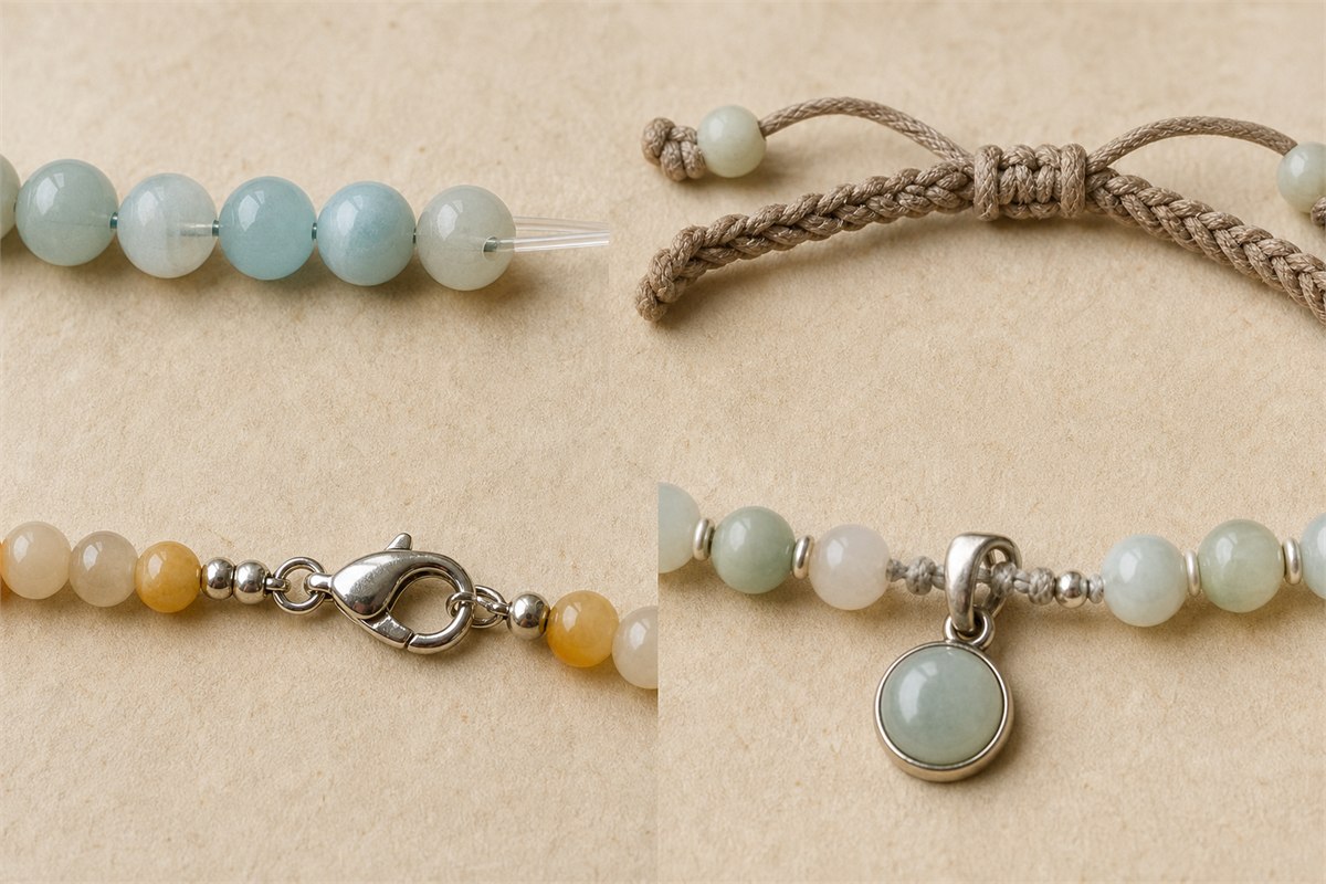 Close comparison of bead elastic braided cord metal clasp and a small pendant loop